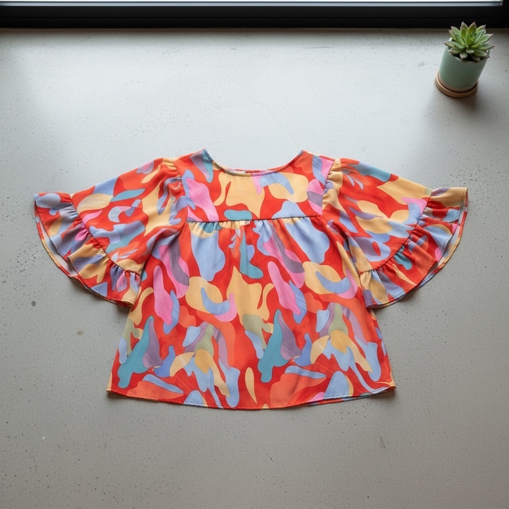 Bright Multicolor Abstract Print Ruffle Flutter Sleeve Top XL